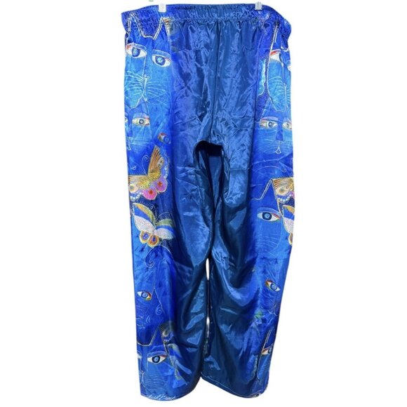 Laurel Burch Indigo Cats Pants Womens XL Satin Blue Lounge Pajama Folk Art PJs - Picture 6 of 8